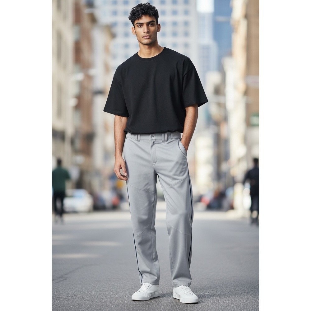 Athletic Fit Baseball Pants Mens Gray‎ Performance Polyester Side Stripe Size L